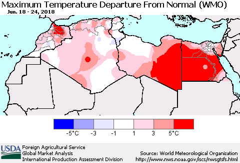 North Africa Mean Maximum Temperature Departure from Normal (WMO) Thematic Map For 6/18/2018 - 6/24/2018