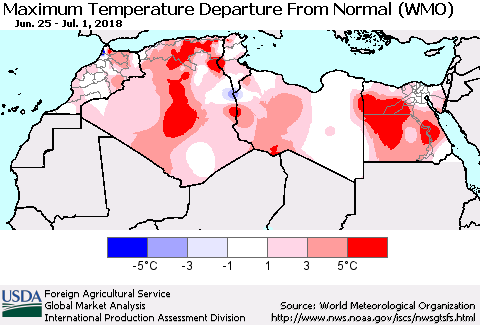 North Africa Mean Maximum Temperature Departure from Normal (WMO) Thematic Map For 6/25/2018 - 7/1/2018