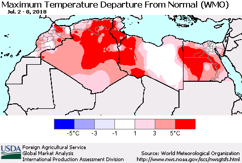 North Africa Mean Maximum Temperature Departure from Normal (WMO) Thematic Map For 7/2/2018 - 7/8/2018