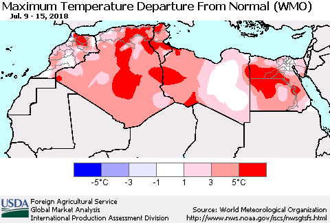 North Africa Mean Maximum Temperature Departure from Normal (WMO) Thematic Map For 7/9/2018 - 7/15/2018