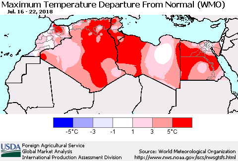 North Africa Mean Maximum Temperature Departure from Normal (WMO) Thematic Map For 7/16/2018 - 7/22/2018