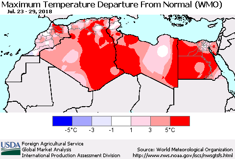 North Africa Mean Maximum Temperature Departure from Normal (WMO) Thematic Map For 7/23/2018 - 7/29/2018