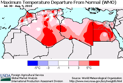 North Africa Mean Maximum Temperature Departure from Normal (WMO) Thematic Map For 7/30/2018 - 8/5/2018
