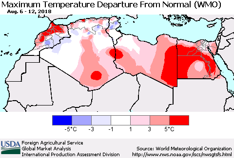 North Africa Mean Maximum Temperature Departure from Normal (WMO) Thematic Map For 8/6/2018 - 8/12/2018