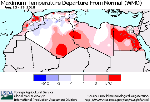 North Africa Mean Maximum Temperature Departure from Normal (WMO) Thematic Map For 8/13/2018 - 8/19/2018