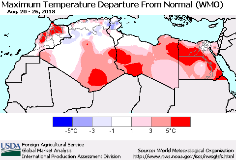 North Africa Mean Maximum Temperature Departure from Normal (WMO) Thematic Map For 8/20/2018 - 8/26/2018