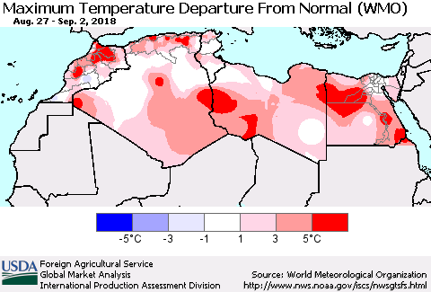 North Africa Mean Maximum Temperature Departure from Normal (WMO) Thematic Map For 8/27/2018 - 9/2/2018