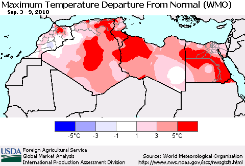 North Africa Mean Maximum Temperature Departure from Normal (WMO) Thematic Map For 9/3/2018 - 9/9/2018