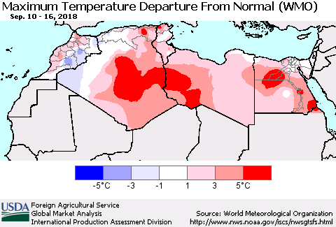 North Africa Mean Maximum Temperature Departure from Normal (WMO) Thematic Map For 9/10/2018 - 9/16/2018