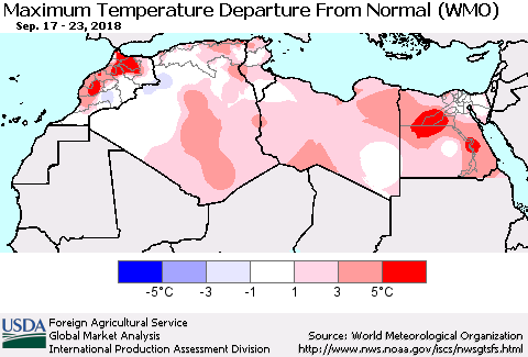 North Africa Mean Maximum Temperature Departure from Normal (WMO) Thematic Map For 9/17/2018 - 9/23/2018