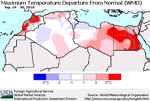 North Africa Mean Maximum Temperature Departure from Normal (WMO) Thematic Map For 9/24/2018 - 9/30/2018