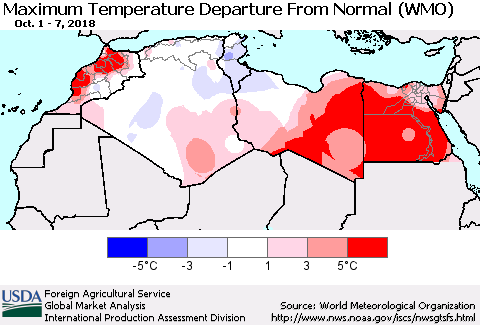 North Africa Mean Maximum Temperature Departure from Normal (WMO) Thematic Map For 10/1/2018 - 10/7/2018