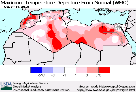 North Africa Mean Maximum Temperature Departure from Normal (WMO) Thematic Map For 10/8/2018 - 10/14/2018