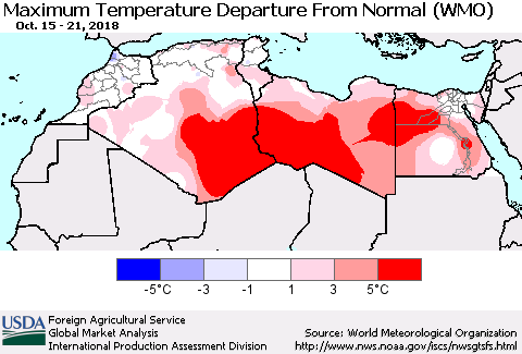 North Africa Mean Maximum Temperature Departure from Normal (WMO) Thematic Map For 10/15/2018 - 10/21/2018