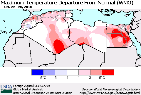North Africa Mean Maximum Temperature Departure from Normal (WMO) Thematic Map For 10/22/2018 - 10/28/2018