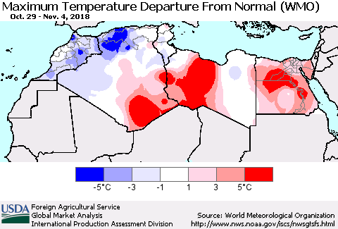 North Africa Mean Maximum Temperature Departure from Normal (WMO) Thematic Map For 10/29/2018 - 11/4/2018