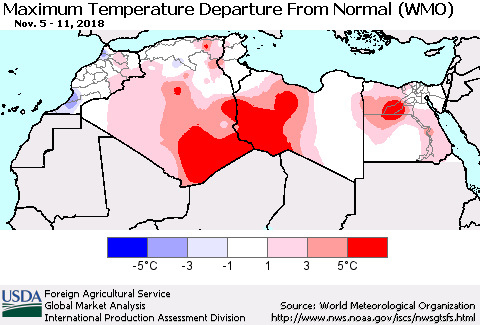 North Africa Mean Maximum Temperature Departure from Normal (WMO) Thematic Map For 11/5/2018 - 11/11/2018