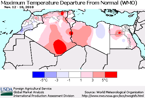 North Africa Mean Maximum Temperature Departure from Normal (WMO) Thematic Map For 11/12/2018 - 11/18/2018