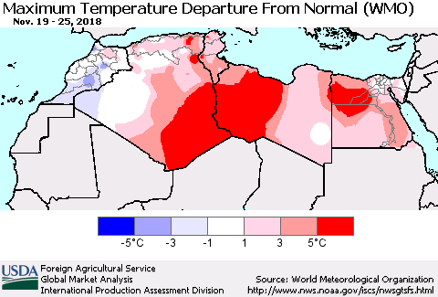 North Africa Mean Maximum Temperature Departure from Normal (WMO) Thematic Map For 11/19/2018 - 11/25/2018