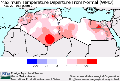 North Africa Mean Maximum Temperature Departure from Normal (WMO) Thematic Map For 11/26/2018 - 12/2/2018