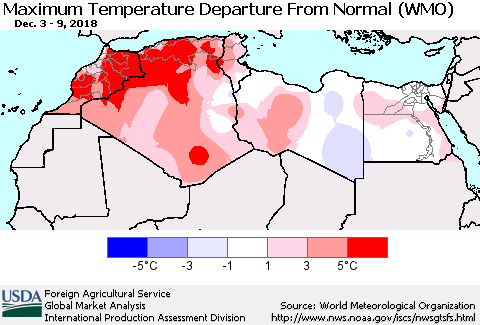 North Africa Mean Maximum Temperature Departure from Normal (WMO) Thematic Map For 12/3/2018 - 12/9/2018