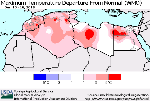 North Africa Mean Maximum Temperature Departure from Normal (WMO) Thematic Map For 12/10/2018 - 12/16/2018