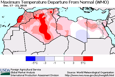 North Africa Mean Maximum Temperature Departure from Normal (WMO) Thematic Map For 12/17/2018 - 12/23/2018