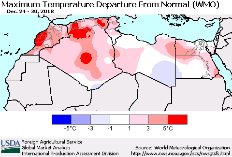 North Africa Mean Maximum Temperature Departure from Normal (WMO) Thematic Map For 12/24/2018 - 12/30/2018