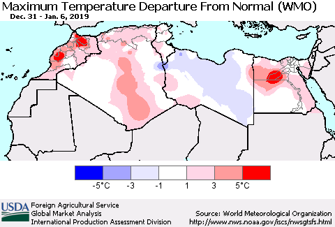 North Africa Mean Maximum Temperature Departure from Normal (WMO) Thematic Map For 12/31/2018 - 1/6/2019