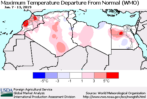 North Africa Mean Maximum Temperature Departure from Normal (WMO) Thematic Map For 1/7/2019 - 1/13/2019