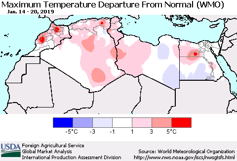 North Africa Mean Maximum Temperature Departure from Normal (WMO) Thematic Map For 1/14/2019 - 1/20/2019