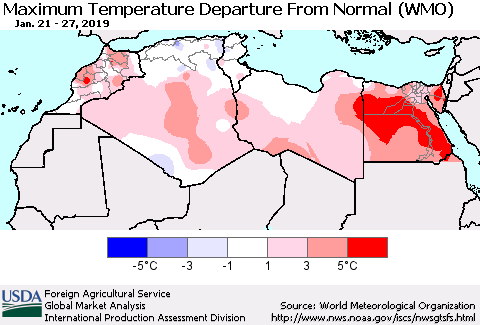 North Africa Mean Maximum Temperature Departure from Normal (WMO) Thematic Map For 1/21/2019 - 1/27/2019