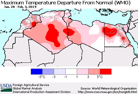 North Africa Mean Maximum Temperature Departure from Normal (WMO) Thematic Map For 1/28/2019 - 2/3/2019
