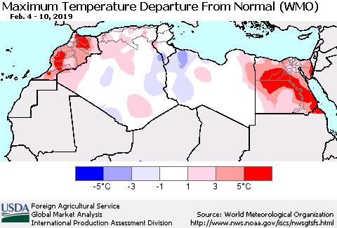 North Africa Mean Maximum Temperature Departure from Normal (WMO) Thematic Map For 2/4/2019 - 2/10/2019