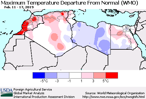 North Africa Mean Maximum Temperature Departure from Normal (WMO) Thematic Map For 2/11/2019 - 2/17/2019