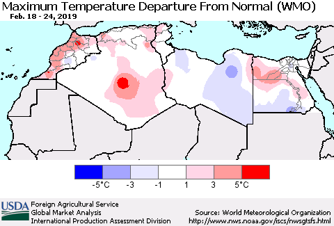 North Africa Mean Maximum Temperature Departure from Normal (WMO) Thematic Map For 2/18/2019 - 2/24/2019