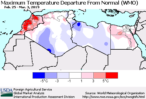 North Africa Mean Maximum Temperature Departure from Normal (WMO) Thematic Map For 2/25/2019 - 3/3/2019