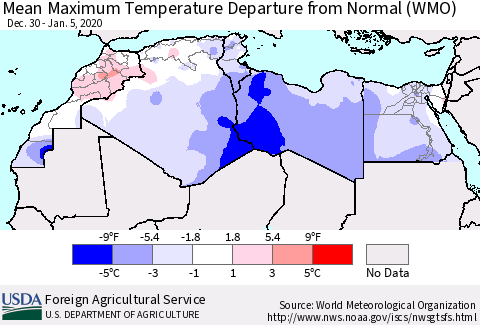 North Africa Mean Maximum Temperature Departure from Normal (WMO) Thematic Map For 12/30/2019 - 1/5/2020