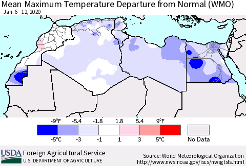 North Africa Mean Maximum Temperature Departure from Normal (WMO) Thematic Map For 1/6/2020 - 1/12/2020