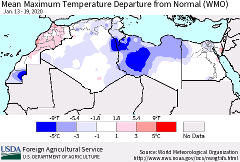 North Africa Mean Maximum Temperature Departure from Normal (WMO) Thematic Map For 1/13/2020 - 1/19/2020
