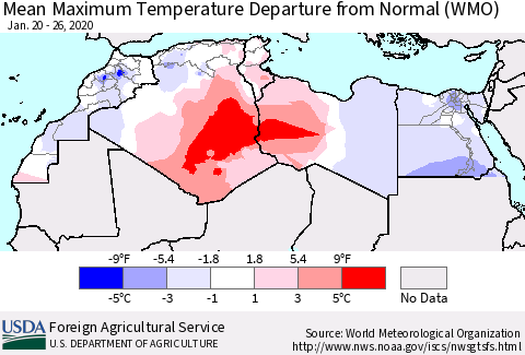 North Africa Mean Maximum Temperature Departure from Normal (WMO) Thematic Map For 1/20/2020 - 1/26/2020