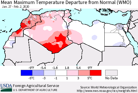 North Africa Mean Maximum Temperature Departure from Normal (WMO) Thematic Map For 1/27/2020 - 2/2/2020