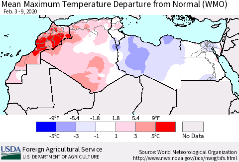 North Africa Mean Maximum Temperature Departure from Normal (WMO) Thematic Map For 2/3/2020 - 2/9/2020