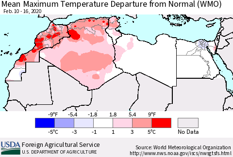 North Africa Mean Maximum Temperature Departure from Normal (WMO) Thematic Map For 2/10/2020 - 2/16/2020