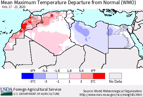 North Africa Mean Maximum Temperature Departure from Normal (WMO) Thematic Map For 2/17/2020 - 2/23/2020