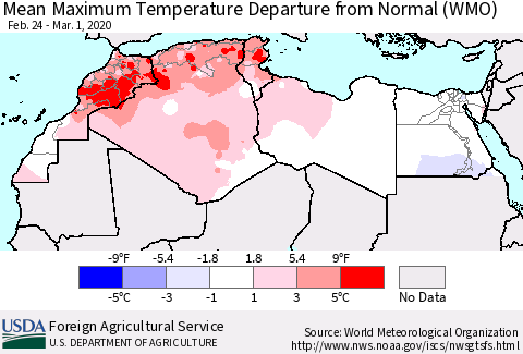 North Africa Mean Maximum Temperature Departure from Normal (WMO) Thematic Map For 2/24/2020 - 3/1/2020