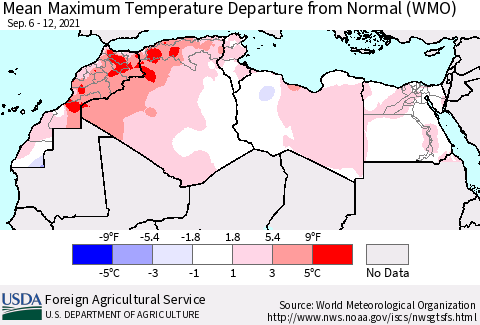 North Africa Mean Maximum Temperature Departure from Normal (WMO) Thematic Map For 9/6/2021 - 9/12/2021
