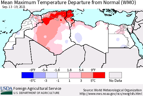North Africa Mean Maximum Temperature Departure from Normal (WMO) Thematic Map For 9/13/2021 - 9/19/2021