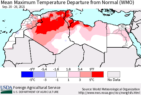 North Africa Mean Maximum Temperature Departure from Normal (WMO) Thematic Map For 9/20/2021 - 9/26/2021