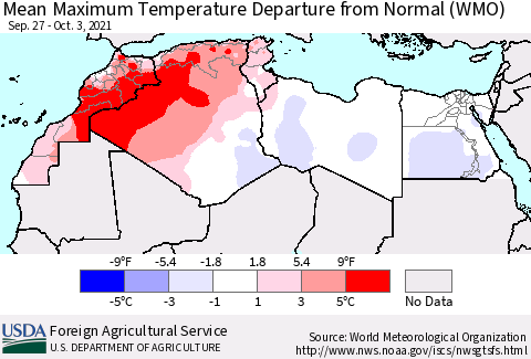 North Africa Mean Maximum Temperature Departure from Normal (WMO) Thematic Map For 9/27/2021 - 10/3/2021